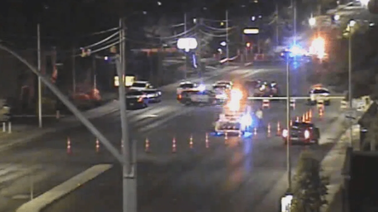 Police investigate a pedestrian crash at a southwest Las Vegas intersection near Jones Boulevard and Rochelle Avenue