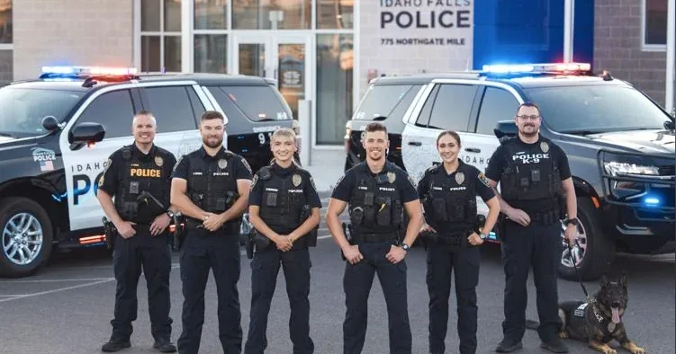 Idaho Falls police vehicles parked outside a station during a television feature announcement