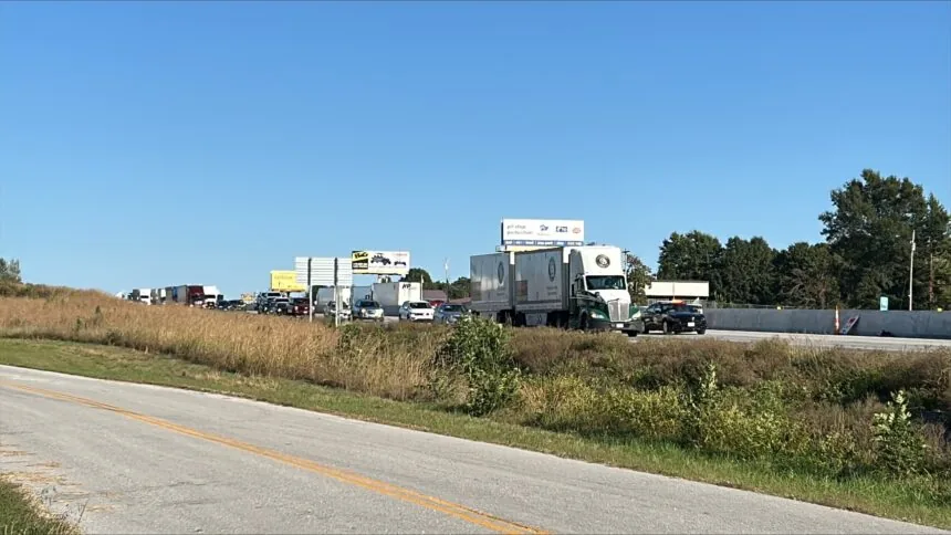Traffic backed up on Interstate 70 after a crash east of Columbia, Missouri