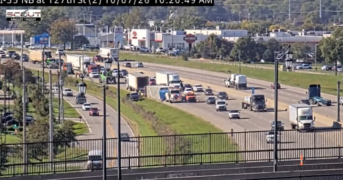 A Kansas Highway Patrol vehicle at a highway crash scene on I-35 in Olathe
