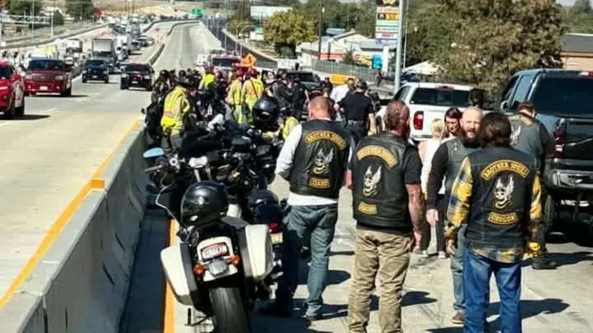 Motorcycles gathered on a highway after a multi-bike crash near Caldwell, Idaho